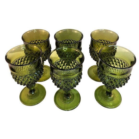 Vintage Green Glass Water Goblet Set Of 2 With Diamond Pattern Elegant Stemware - Picture 5 of 10